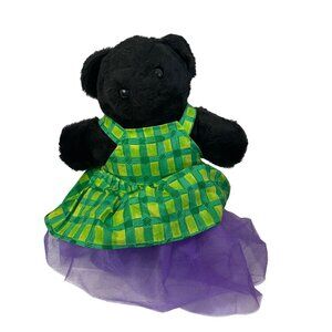 Black Stuffed Bear With Green Checkered Dress & Purple Tulle‎ Skirt
